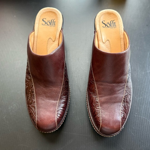 SOFFT WOMENS DARK BROWN MAROON MULES TOOLED LEATHER UPPER SIZE 8 M - Picture 4 of 14